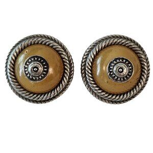 Ben Amun Vintage Silver Tone Round Green Stone Clip On Earrings Signed, J127